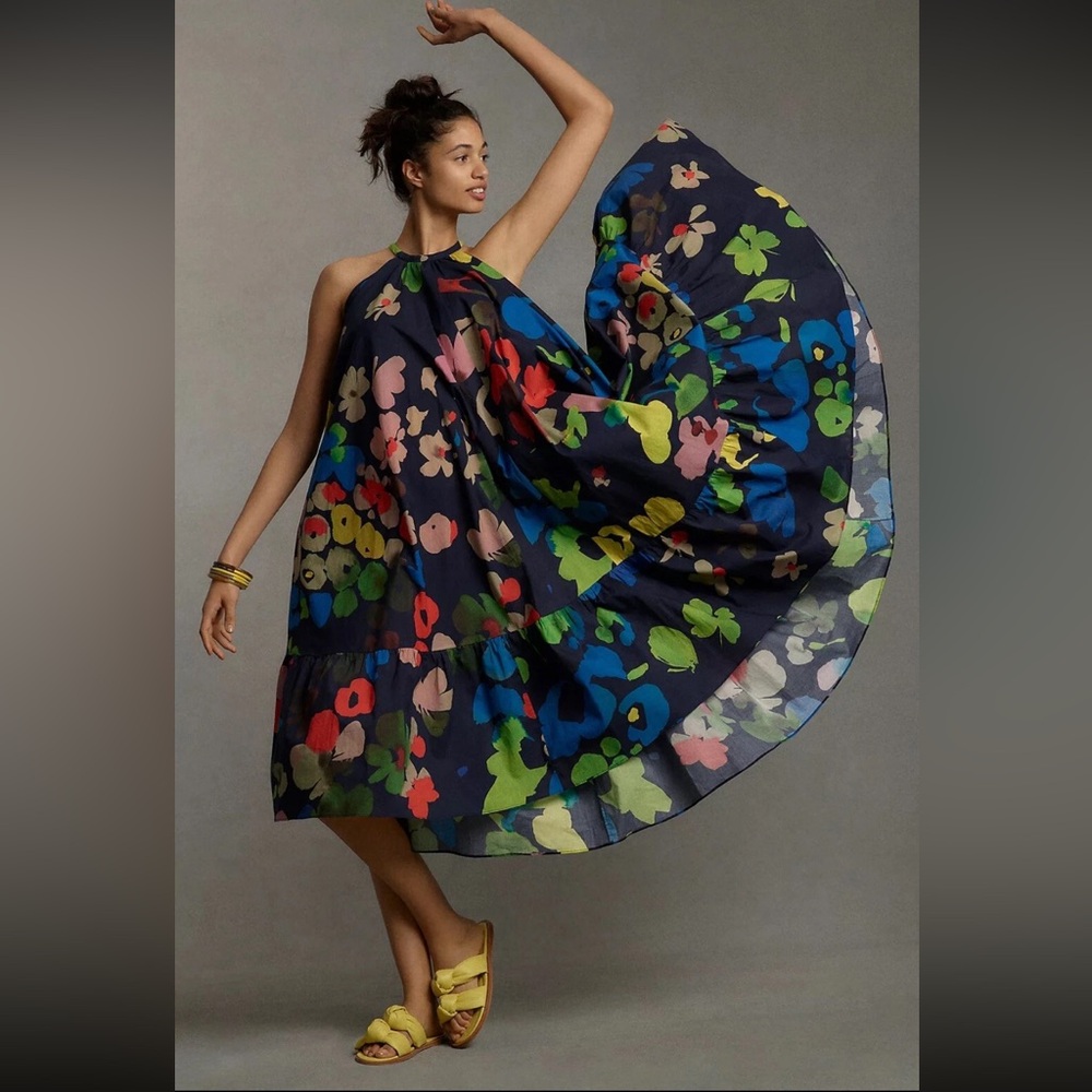 Anthropologie WHIT TWO Floral Halter Midi Dress Size‎ XS navy blue